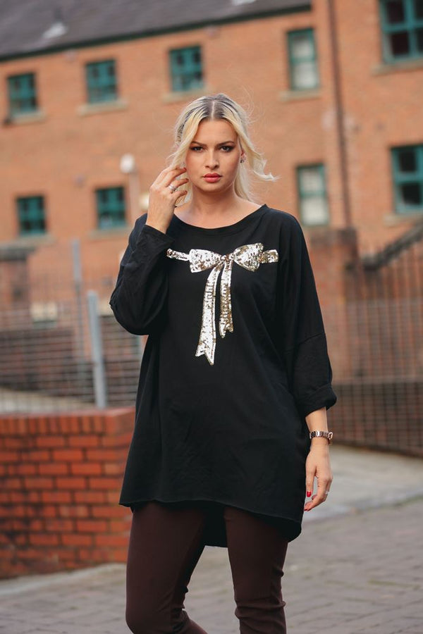 Gold Sequin Bow Ribbon Design Tunic Top