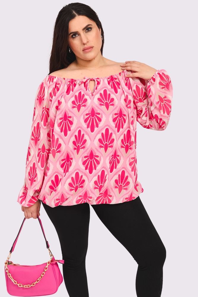 Floral Print Oversized Drawstring Neckline Top