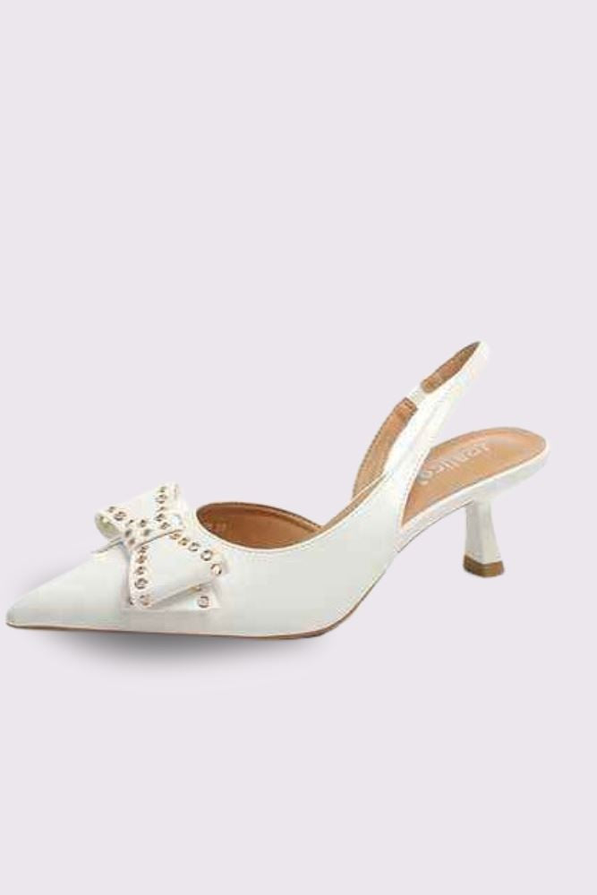 White Bow Detail Pointed Toe Pencil Heel Sandal