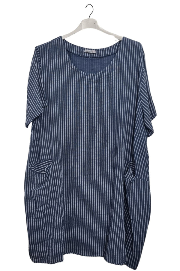 Vertical Stripes Print Two Side Pockets Cotton Dress