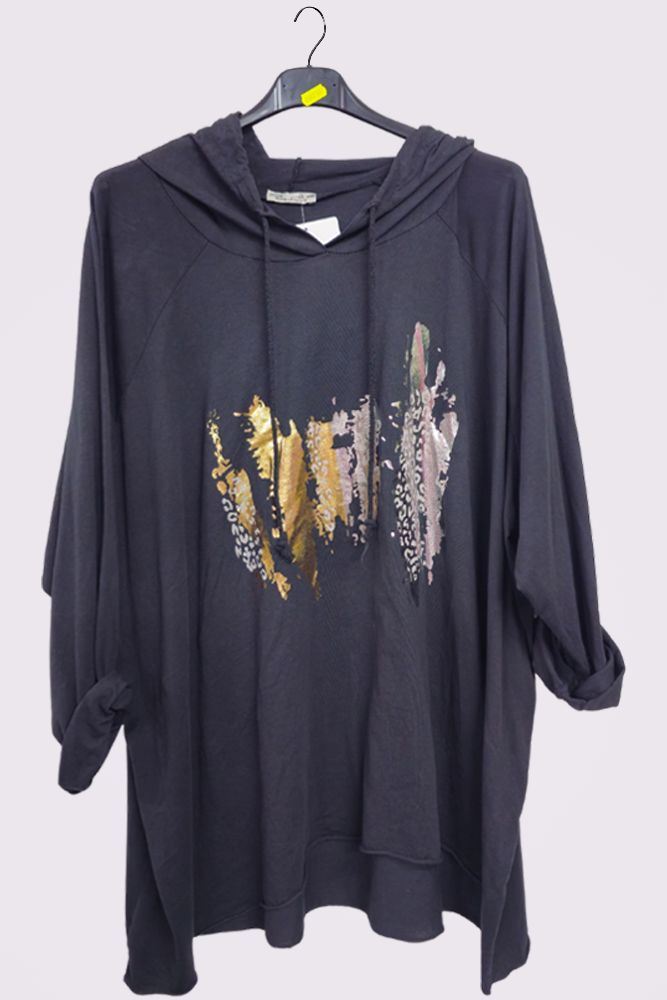 Foil Brush-stroke Pattern Drop Hem Drawstring Hoodie