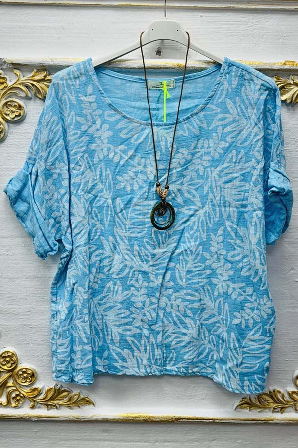 Tropical Leaves Print Necklace Cotton Top