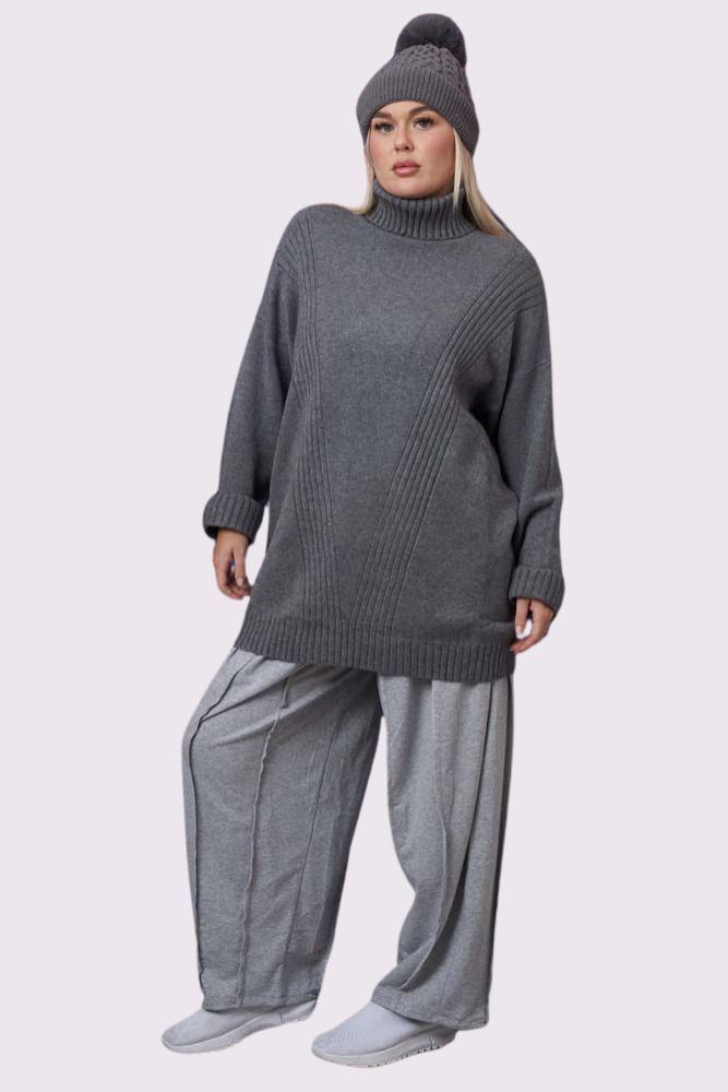 Ribbed Pattern Cowl Neck Tunic Jumper