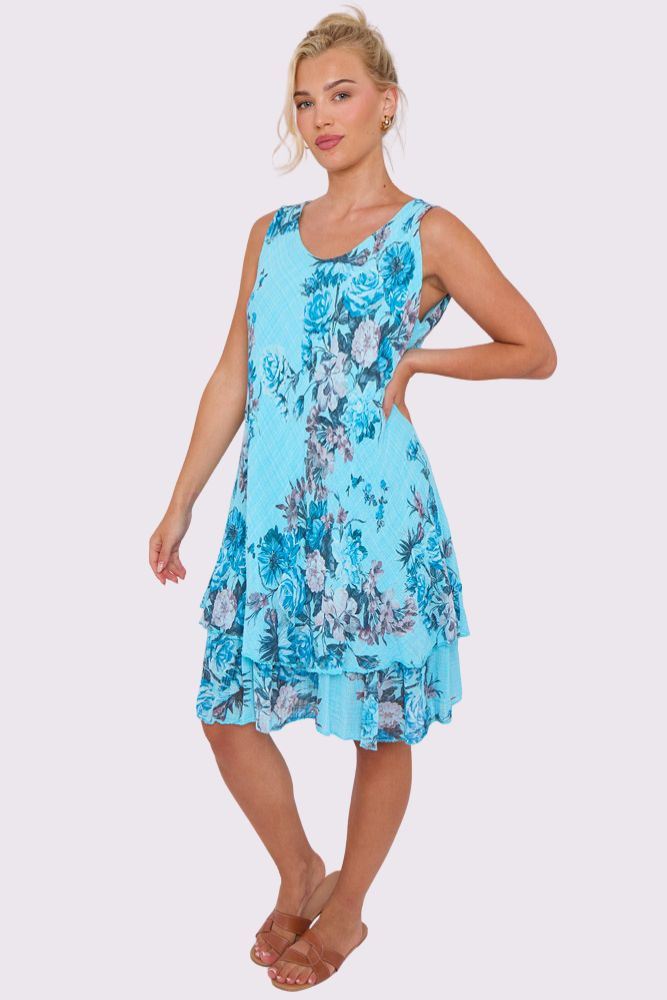 Rose Flower Print Layered Hem Cotton Dress