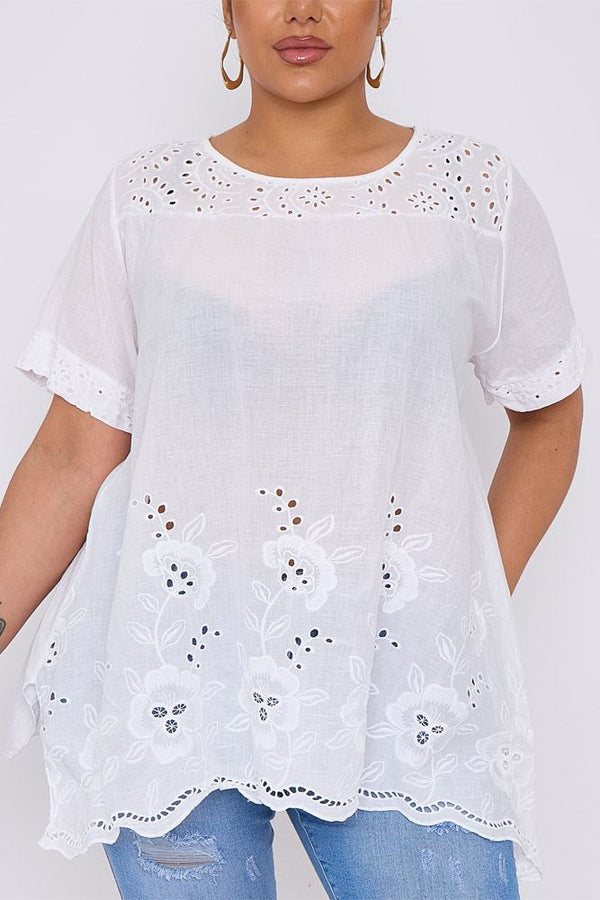 Floral Cutwork Pattern Side Slit Cotton Top