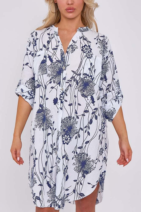 Dandelion Flower Print Pockets Cotton Long Shirt