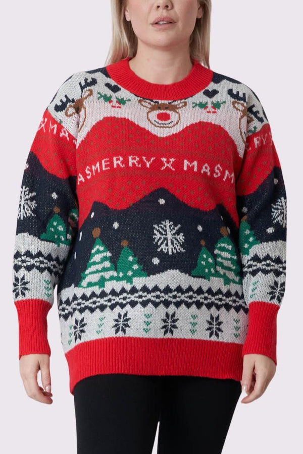 Reindeer Face Pattern Xmas Ribbed Jumper