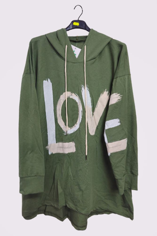 Love Graphic Drawstring Hooded Top