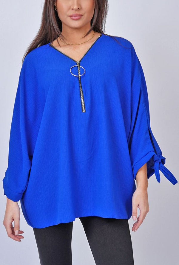 Plain Zip Up Tie Sleeve Top