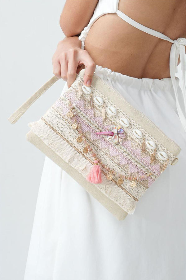 Boho Shell & Beaded Embellished Clutch Bag