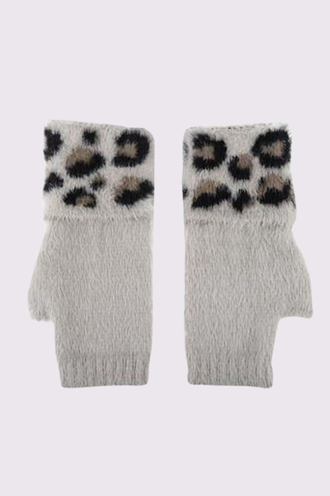 Fur Leopard Print Fingerless Gloves