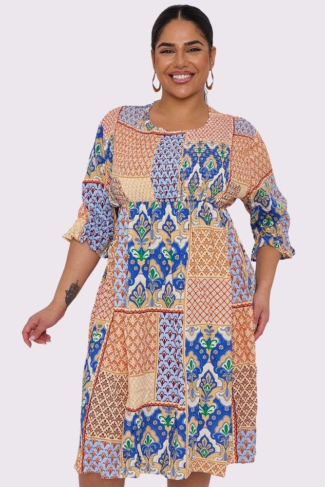 Geometric Print Shirred Dress