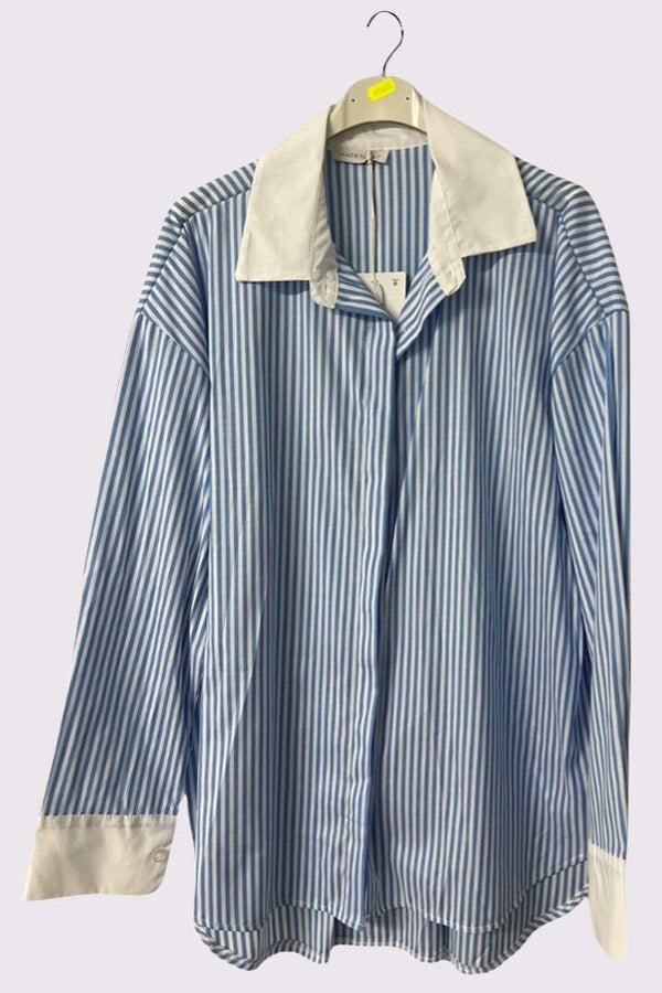 Stripe Print White Collar Button Close Cuff Cotton Shirt