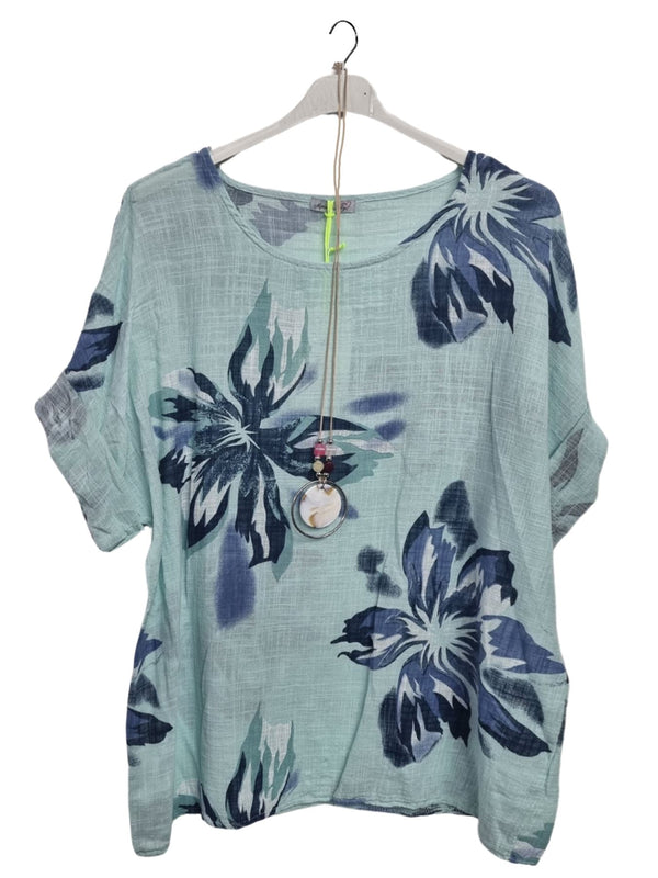 Floral Print Tunic Necklace Cotton Top