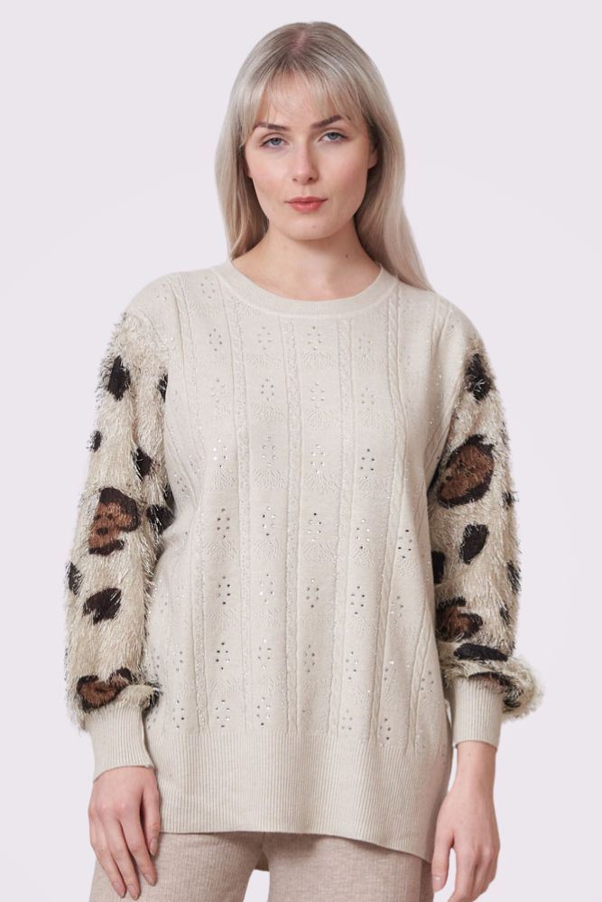 Leopard Print Fur Diamante Jumper