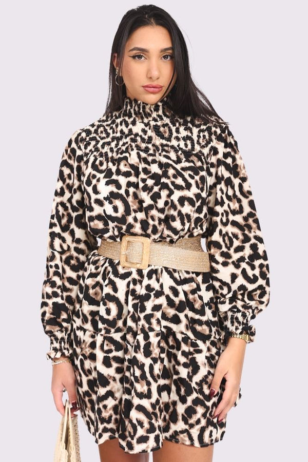 Leopard Print Oversized Shirred Neck Top