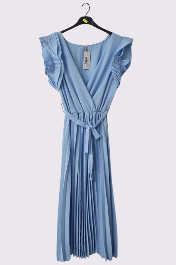 Plain Pleated Wrapover Belted Dress