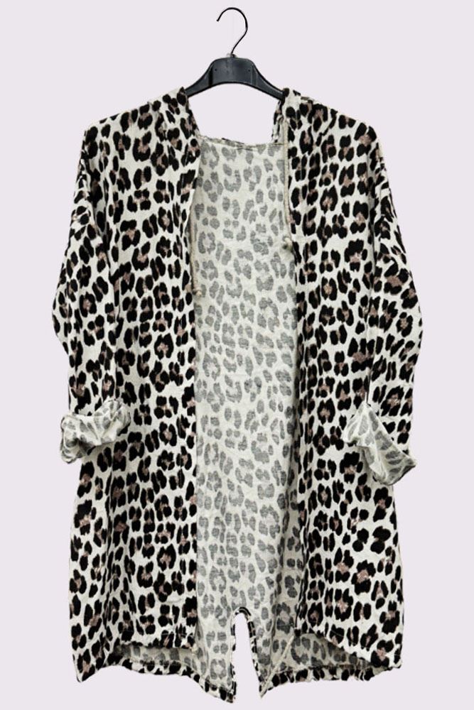 Leopard Print Hooded Drawstring Hem Cotton Cardigan