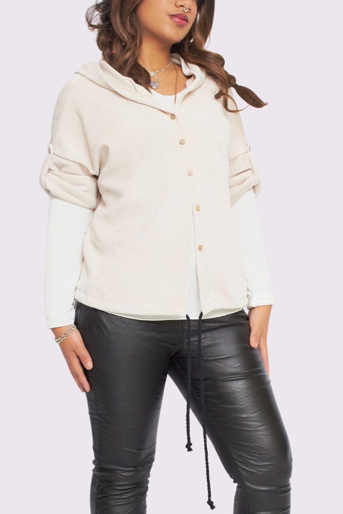 Trendy Corduroy Cropped Hooded Shirt with Drawstring
