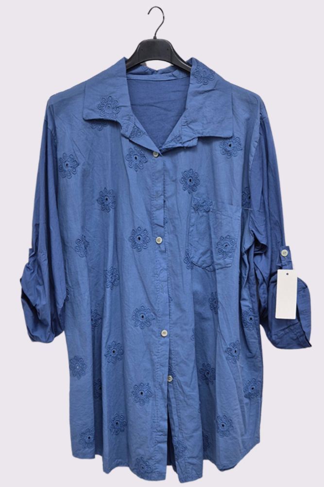 Floral Embroidered Pattern Front Pocket Cotton Shirt