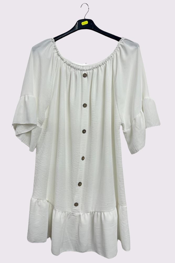 white Plain Button Details Ruffle Hem Top