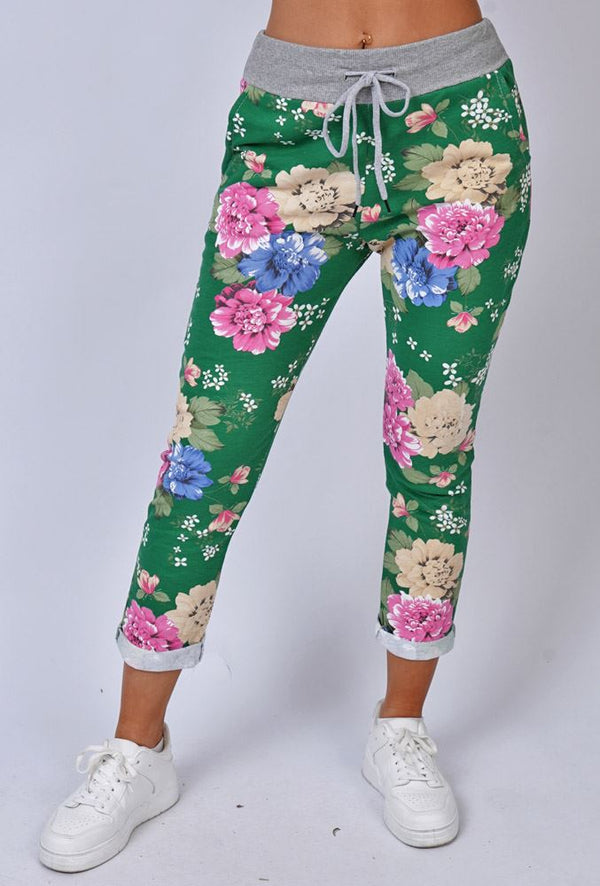 Flower Print Drawstring Cotton Trousers