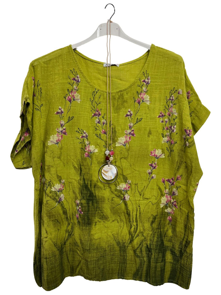 Floral Print Necklace Tunic Cotton Top