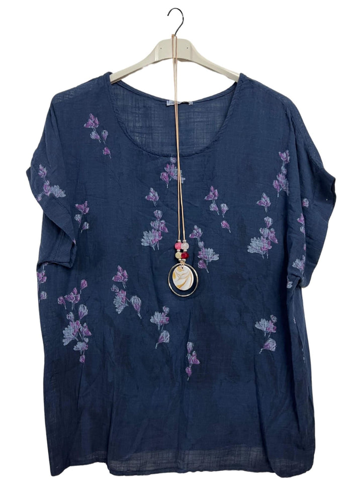 Floral Print Necklace Tunic Cotton Top