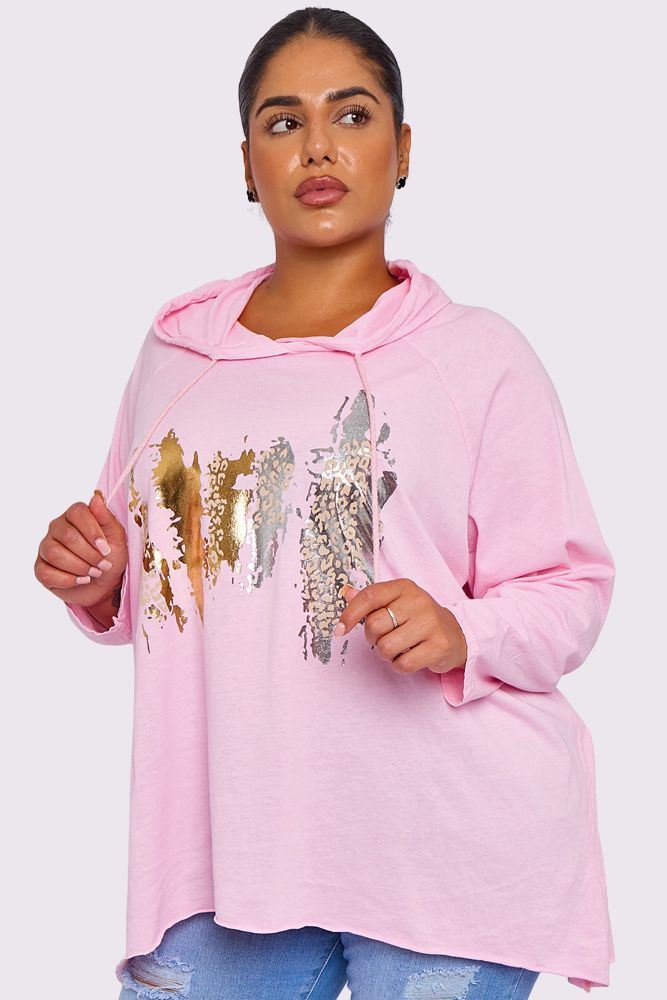 Foil Brush Stroke Pattern High Low Hem Cotton Hoody