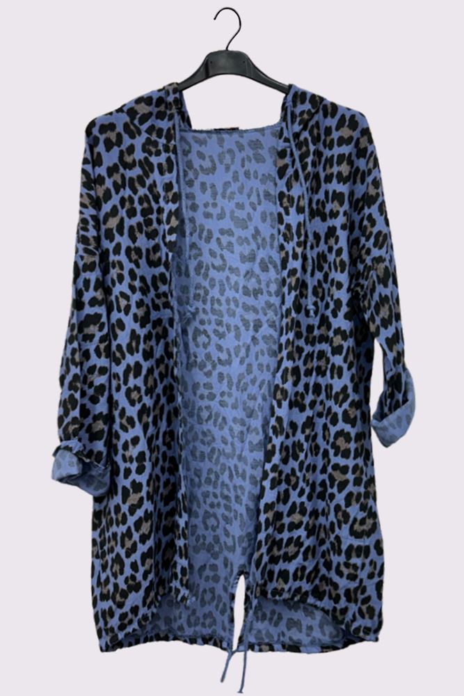 Leopard Print Hooded Drawstring Hem Cotton Cardigan