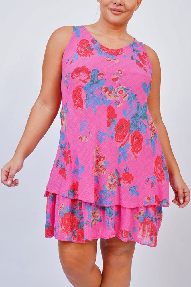 Rose Design Cotton Dress with Tiered Hem