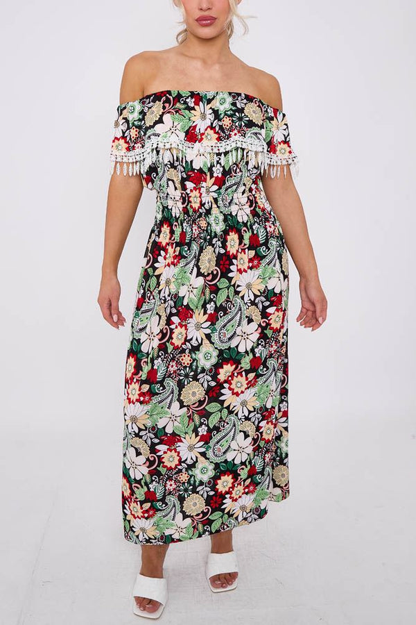 Paisley Floral Print Shirred Waist Lace Dress