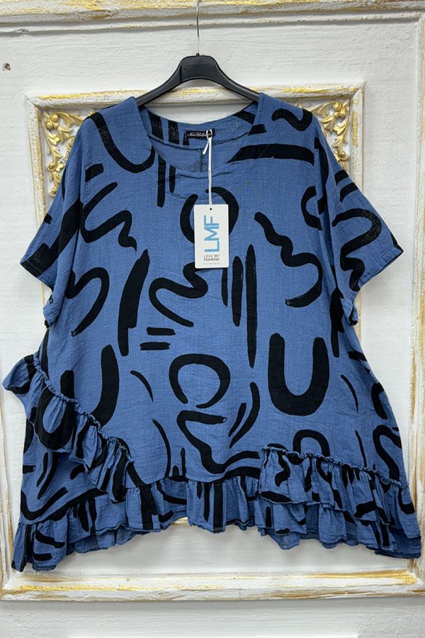 Abstract Line Print Ruffle Hem Cotton Top