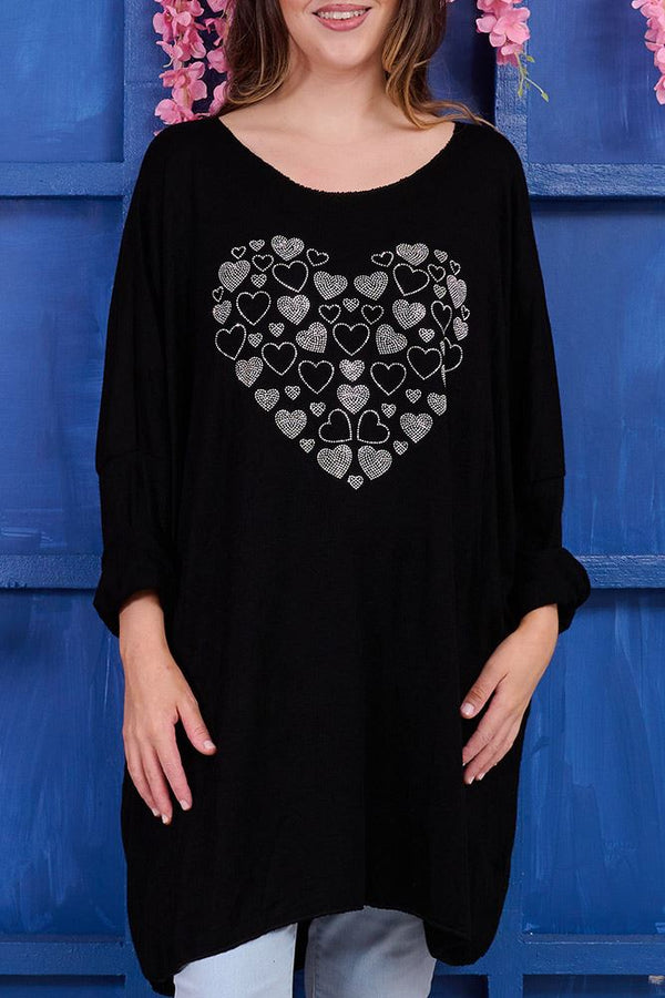 Diamante Heart Motif Dipped Hem Viscose Jumper