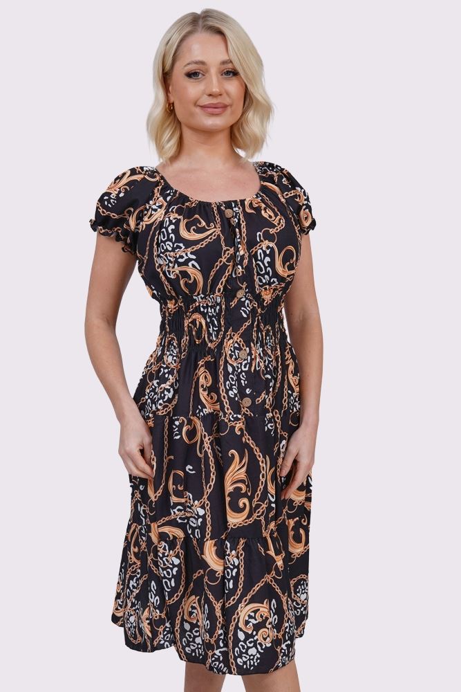 Baroque Chain Print Front Button Dresses