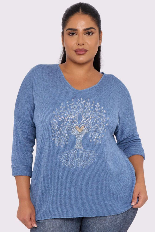 Diamante Tree Heart Pattern Knitted Top