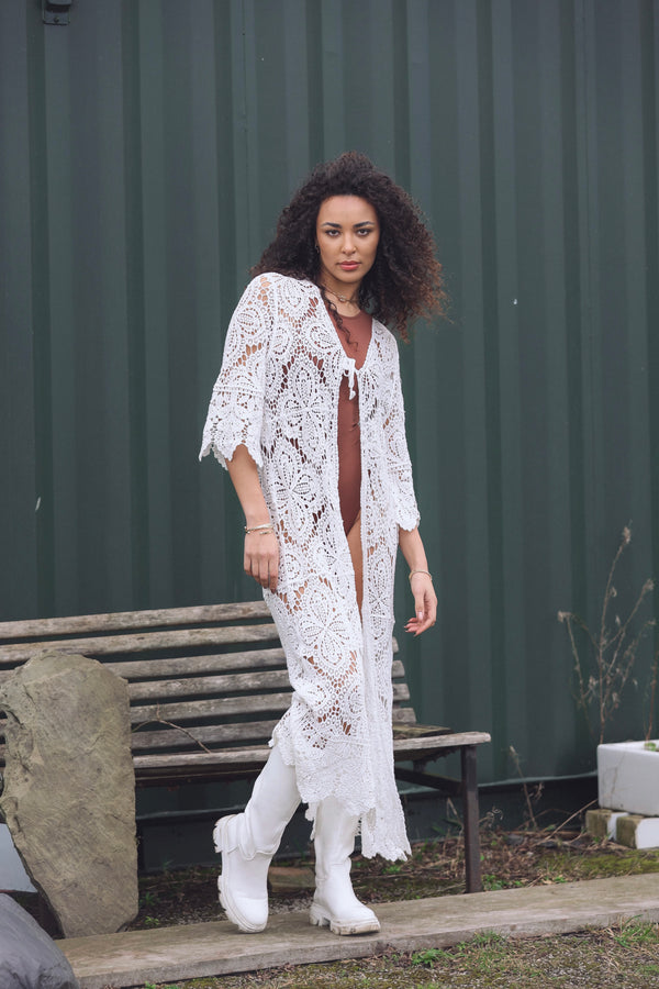 Floral Crochet Pattern Drawstring Fastening Cotton Long Cardigan