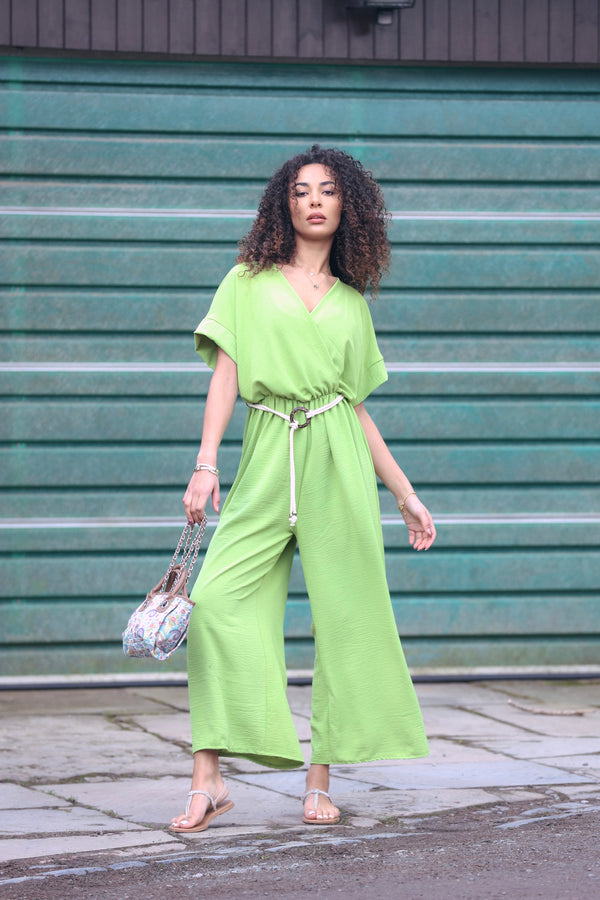 Plain Wrapover Belted Jumpsuit