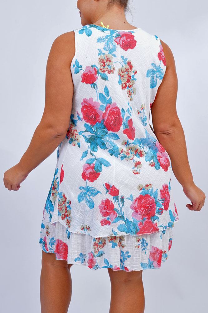 Rose Design Cotton Dress with Tiered Hem
