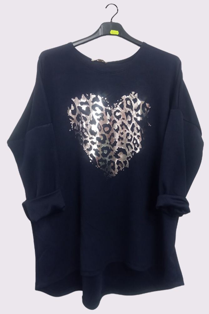 Foil Leopard Heart Print Dipped Hem Top