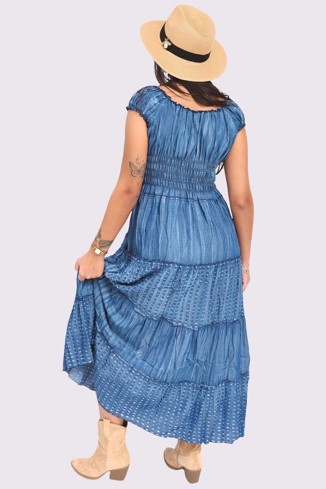 Plain Shirred Waist Tiered Denim Cotton Dress