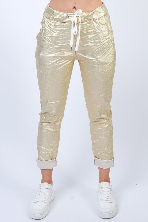 Metallic Drawstring Waistband Pockets Magic Pants