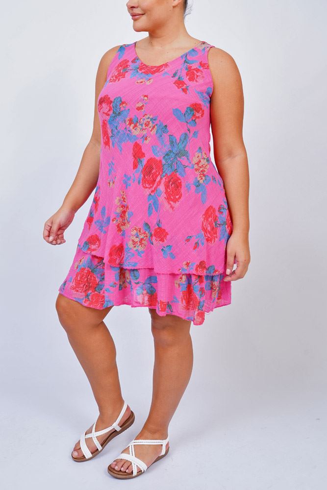 Rose Design Cotton Dress with Tiered Hem
