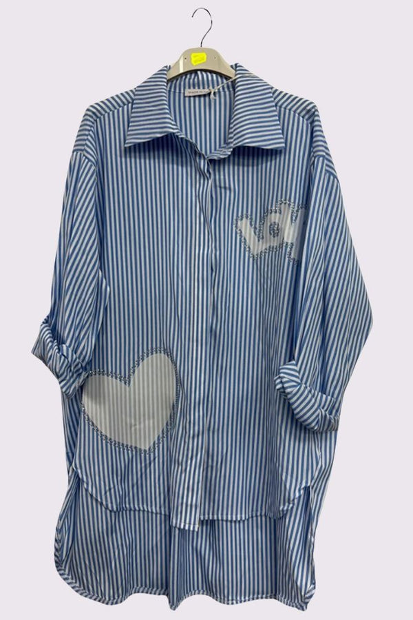 Stripe Print Love Heart Rhinestone Cotton Shirt