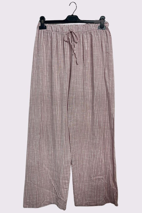 Stripe Print Elasticated Waistband Wide Leg Cotton Trousers