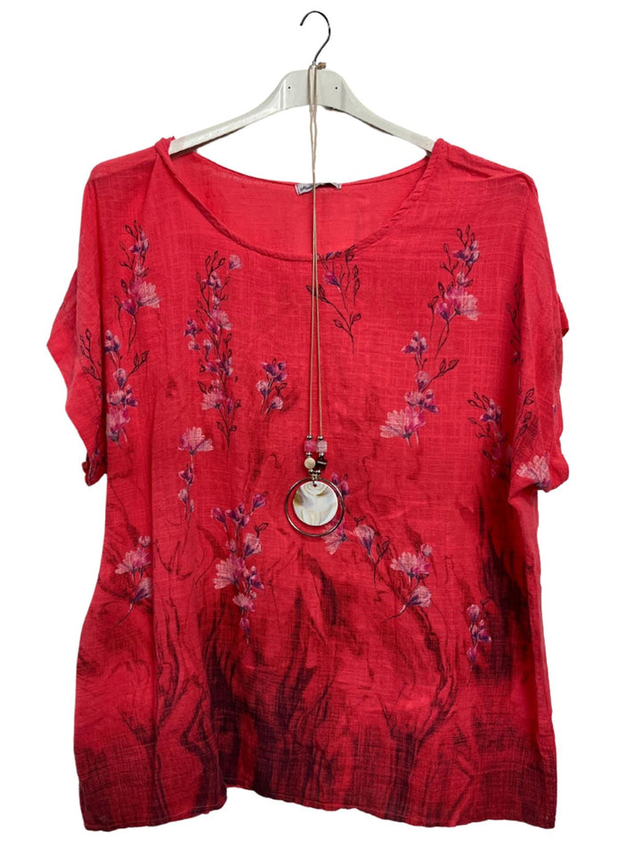 Floral Print Necklace Tunic Cotton Top