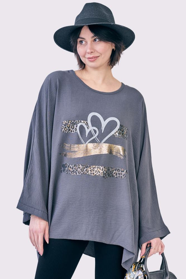 Foil Leopard Heart Print Oversized Top