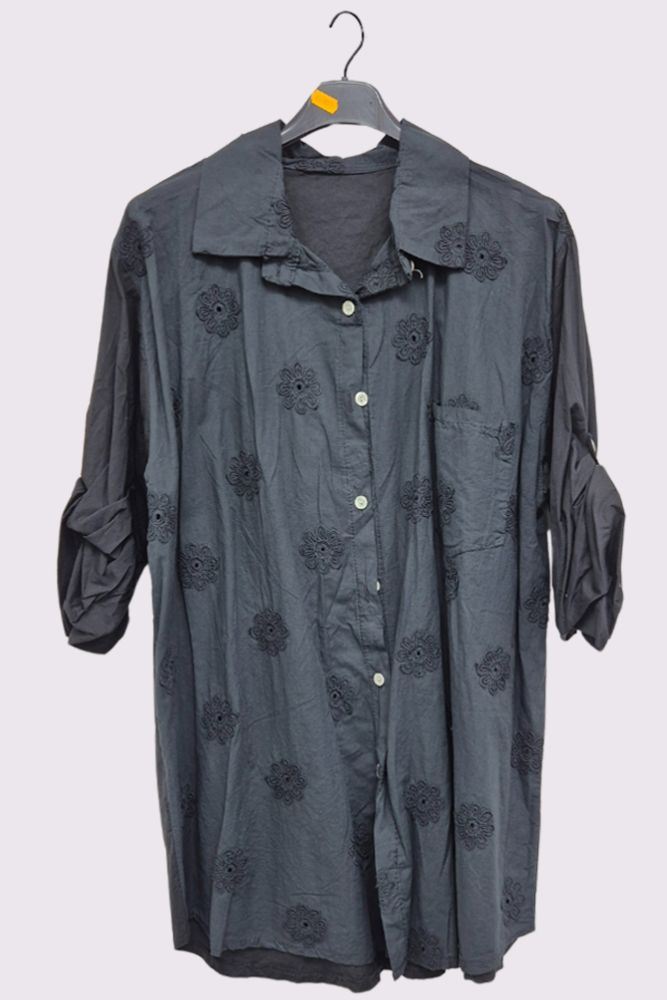 Floral Embroidered Pattern Front Pocket Cotton Shirt