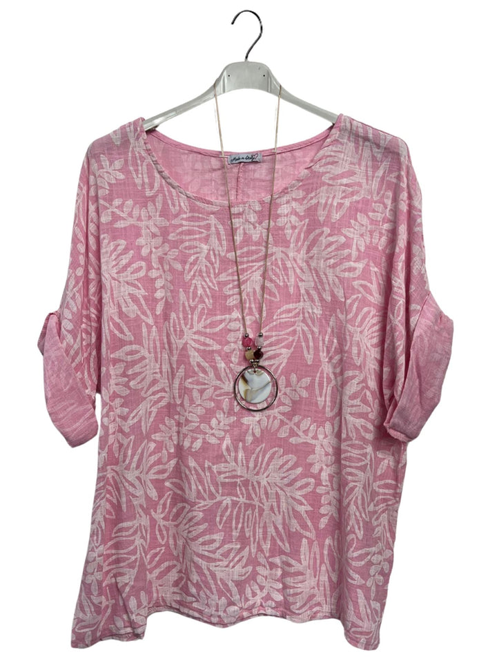 Floral Print Necklace Cotton Tunic Top