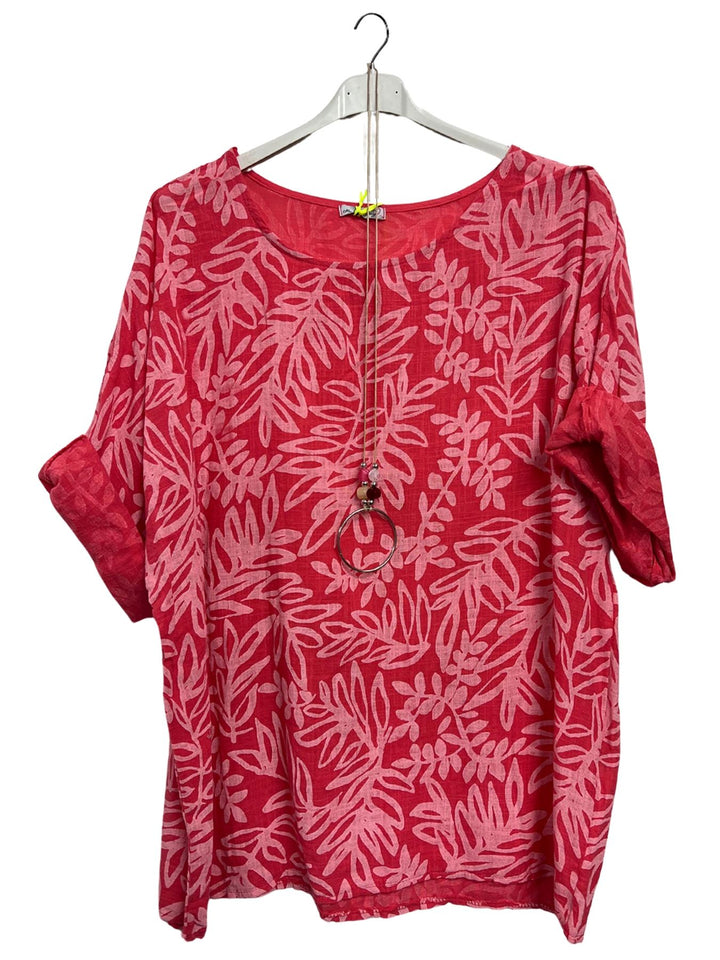 Floral Print Necklace Cotton Tunic Top